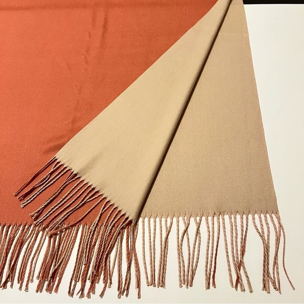 Minimalist two-tone faux cashmere scarf/wrap with fringed edges, cream/orange